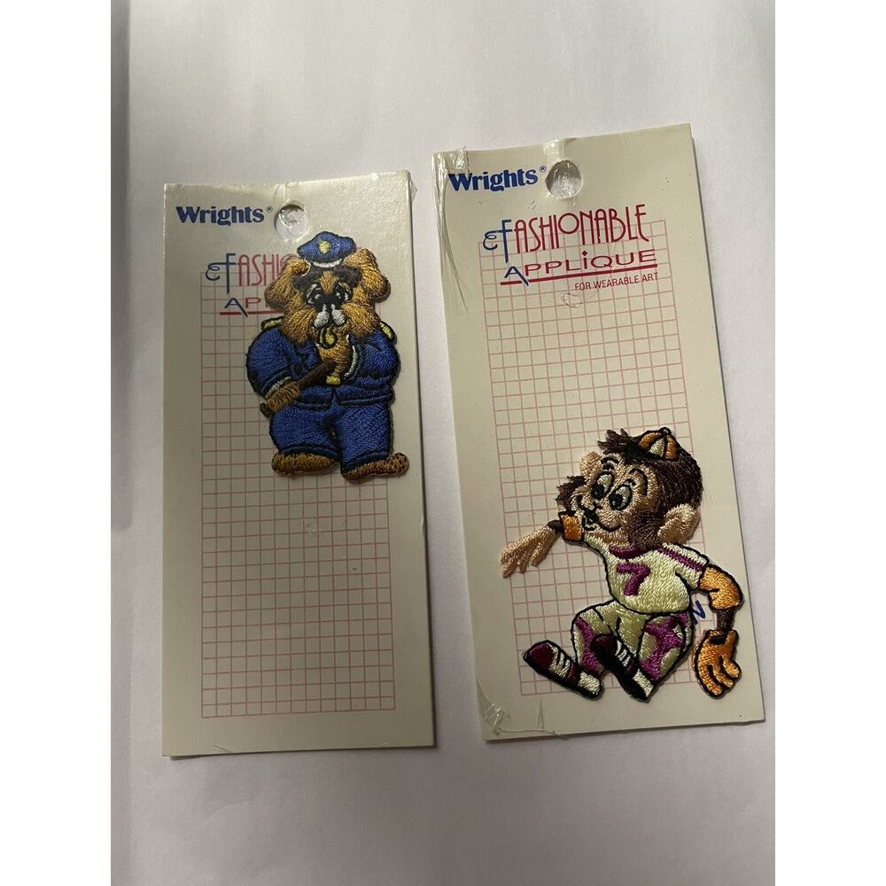 Vintage Wrights Police Dog Baseball Monkey Iron on On Patch Set Of 2 NOS Sewing